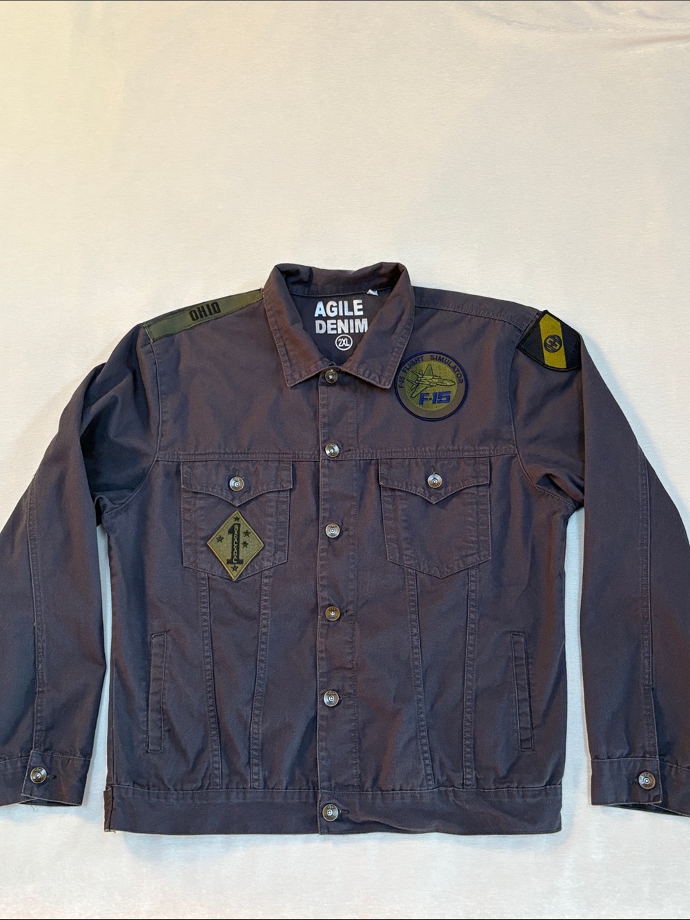 Military style Denim Jacket with Patches- Upcycled